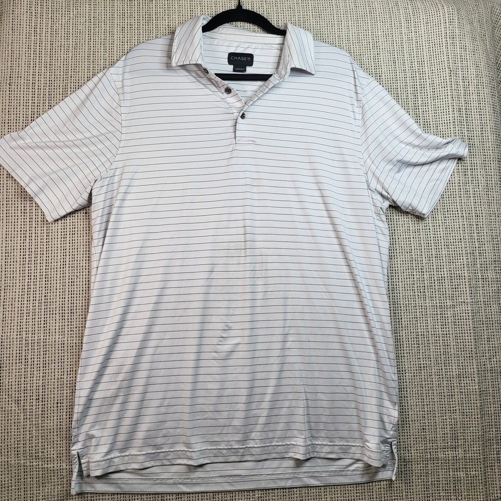 Chase 54 Men's Polo Size L White Stripped Short Sleeve Stretch‎ Golf Casual